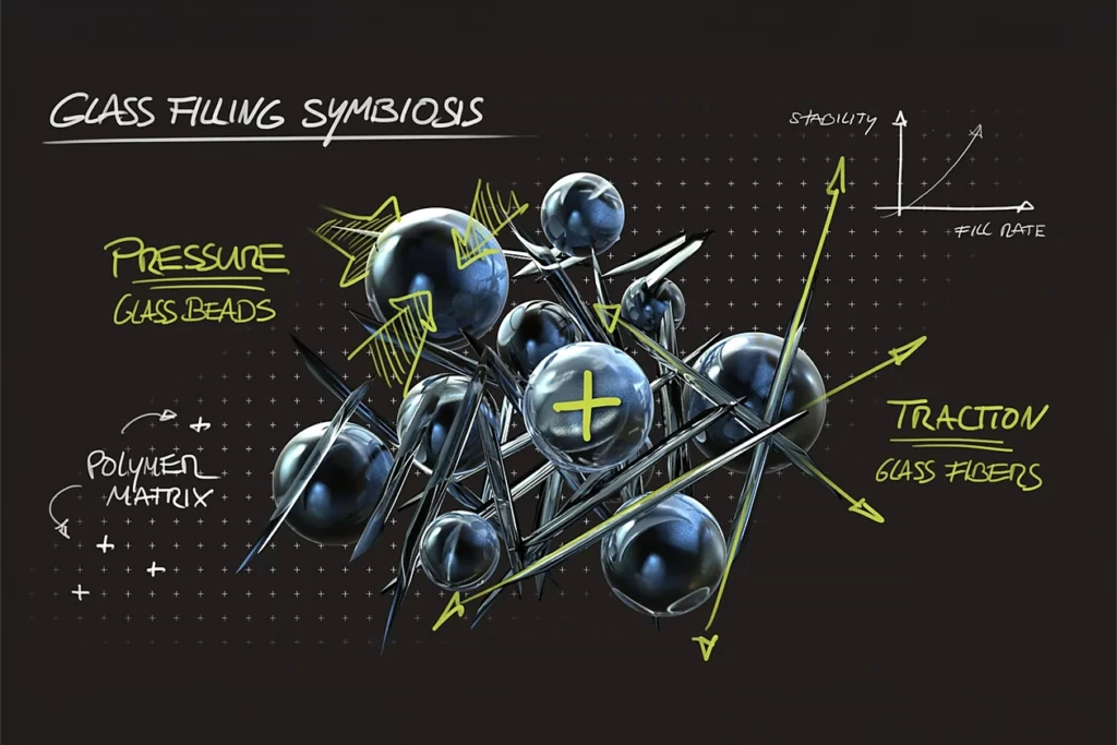 Grafik: Symbiose aus Glasperlen (Druck) & Glasfasern (Zug) in Polymermatrix