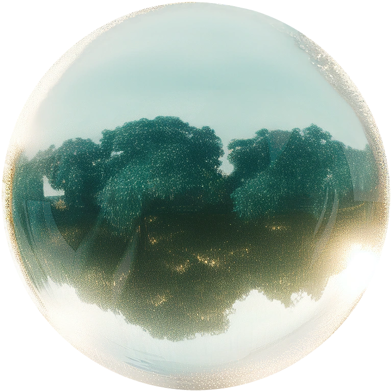 Glasperle mit Spiegelung einer grünen Baumlandschaft